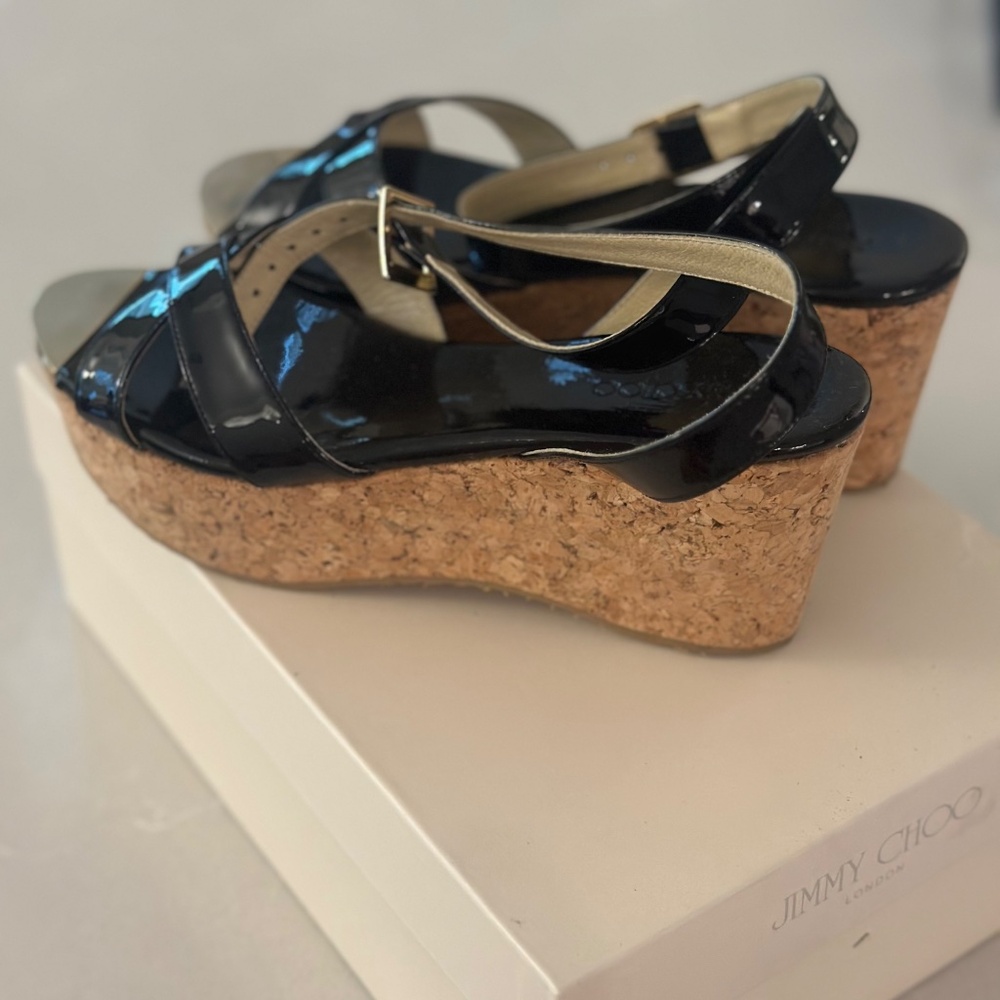 Jimmy Choo Black Patent Leather Cork Wedge Sandals with Gold Accents - Picture 4 of 5
